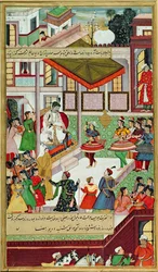 Tanzmädchen aus dem Palast von Baz Bahadur in Malwa, die einen Kathak-Tanz vor Akbar aufführen, aus dem 